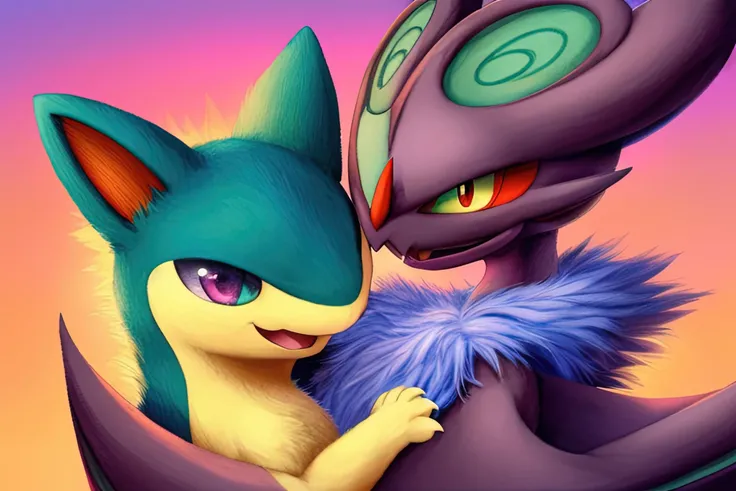 (quilava,long fur,extremely fluffy, closed eyes,very happy),(shiny noivern,bat wings,happy),hug,best quality,masterpiece,extremely detailed,