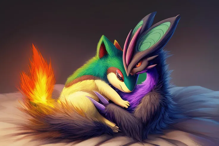 (quilava,long fur,extremely fluffy),shiny noivern,cuddling,best quality,masterpiece,extremely detailed,