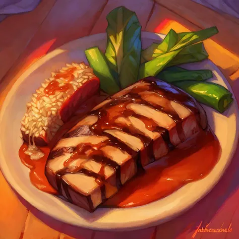 masterpiece, (by fabercastel),   HDR, anime, grilled steak with hot sauce and vegetables with rice, sunset lighting , tasty, yummy, colorful, uhd, 4k, close up, food shot, food focus, high angle view,