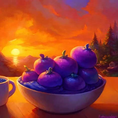 masterpiece, (by fabercastel),   HDR, anime, dango with blueberry jam and a cup of green tea, sunset lighting, tasty, yummy, colorful, uhd, 4k, close up, food shot, food focus,