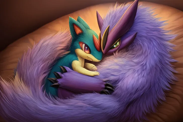 (quilava,long fur,extremely fluffy),shiny noivern,cuddling,best quality,masterpiece,extremely detailed,