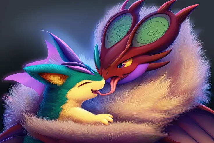 (quilava,long fur,extremely fluffy, closed eyes,very happy),(shiny noivern,bat wings, tongue out,happy),cuddling,best quality,masterpiece,extremely detailed,