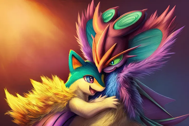 (quilava,long fur,extremely fluffy, closed eyes,very happy),(shiny noivern,bat wings,happy),hug,best quality,masterpiece,extremely detailed,