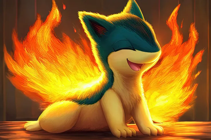 quilava,fire in back,long fur,extremely fluffy,extremely detailed fur,closed eyes,very happy,full body,best quality,masterpiece,extremely detailed,