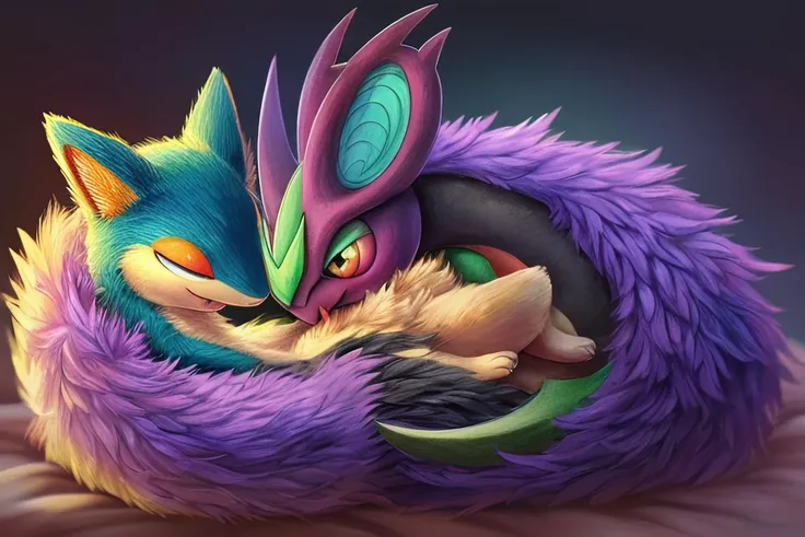 (quilava,long fur,extremely fluffy),shiny noivern,cuddling,best quality,masterpiece,extremely detailed,
