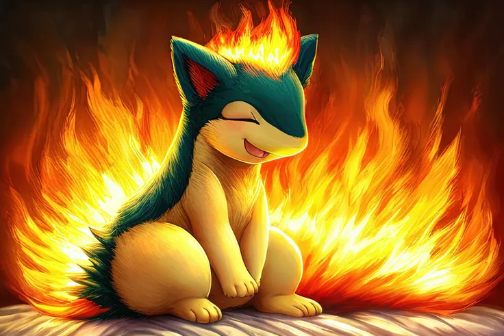 quilava,fire in back,long fur,extremely fluffy,extremely detailed fur,closed eyes,very happy,full body,best quality,masterpiece,extremely detailed,