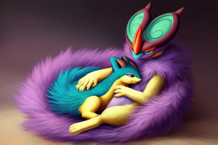 (quilava,long fur,extremely fluffy),shiny noivern,cuddling,best quality,masterpiece,extremely detailed,