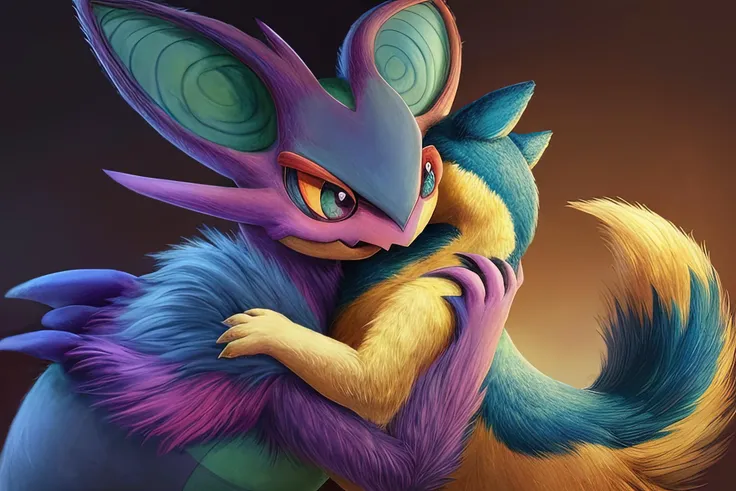 (quilava,long fur,extremely fluffy),shiny noivern,hug,best quality,masterpiece,extremely detailed,