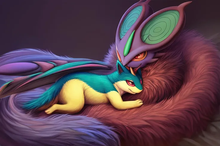 (quilava,long fur,extremely fluffy),(shiny noivern,bat wings),cuddling,best quality,masterpiece,extremely detailed,
