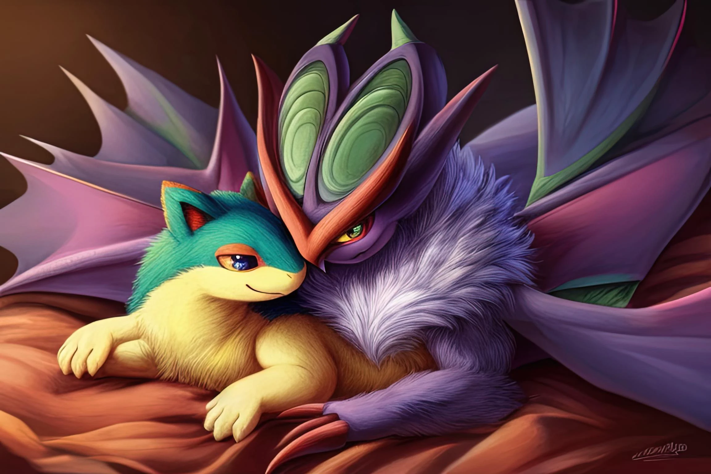 (quilava,long fur,extremely fluffy),(shiny noivern,bat wings),cuddling,best quality,masterpiece,extremely detailed,