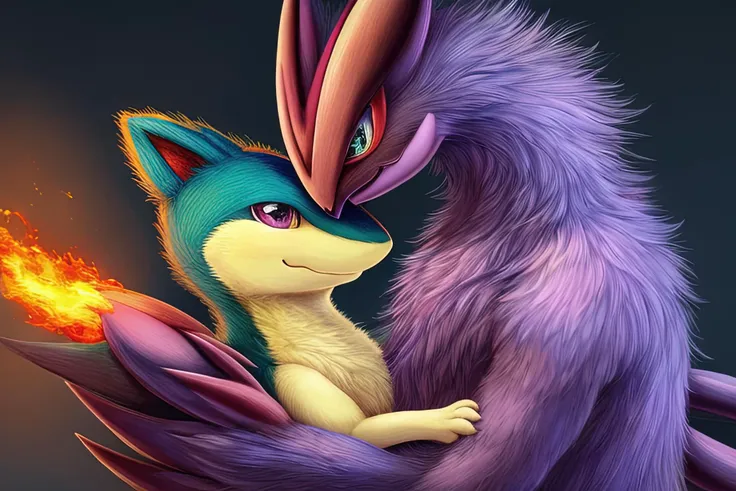 (quilava,long fur,extremely fluffy),shiny noivern,hug,best quality,masterpiece,extremely detailed,