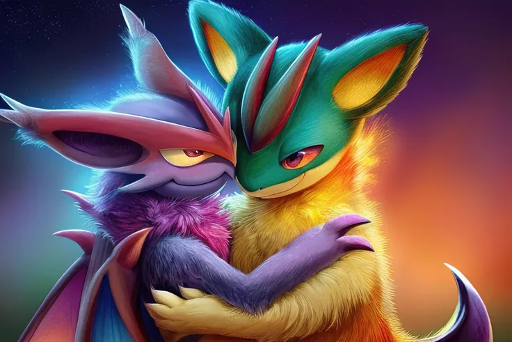 (quilava,long fur,extremely fluffy, closed eyes,very happy),(shiny noivern,bat wings,happy),hug,best quality,masterpiece,extremely detailed,