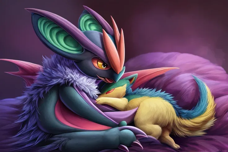 (quilava,long fur,extremely fluffy),(shiny noivern,bat wings),cuddling,best quality,masterpiece,extremely detailed,