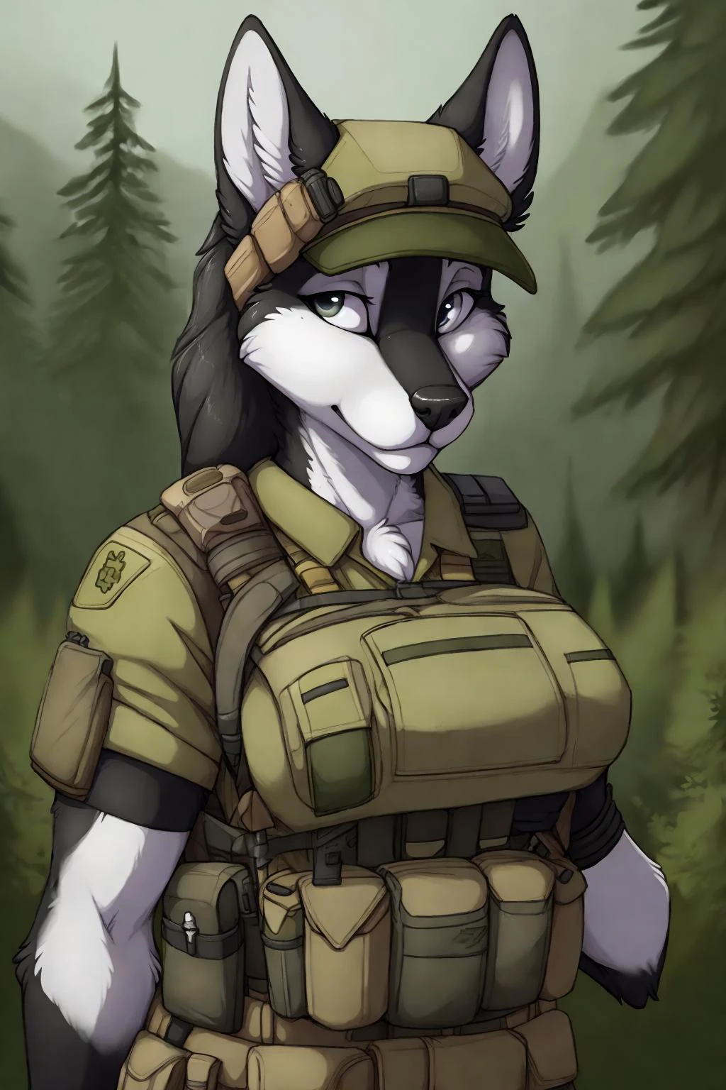 uploaded on e621, by Jay Naylor, by Xenoforge, by honovy, waist up portrait, solo, anthro husky female, tactical gloves, (military uniform, chest rig, armor vest, tactical clothing, camo), ((PMC combat medic, medic armband)), (holding a pistol with both hands,) solo, wilderness, Tarkov, B.E.A.R. PMC operative, uhd, hdr, 4k, <lora:BetterGuns-V1:0.65>