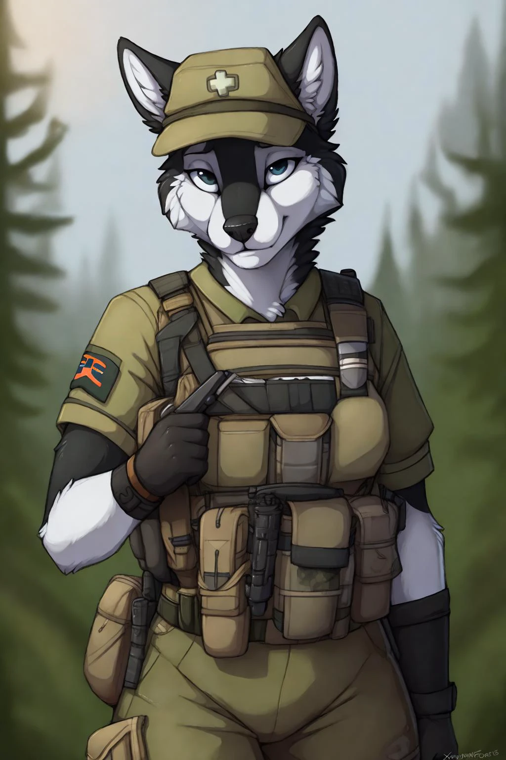 uploaded on e621, by Jay Naylor, by Xenoforge, by honovy, waist up portrait, solo, anthro husky female, tactical gloves, (military uniform, chest rig, armor vest, tactical clothing, camo), ((PMC combat medic, medic armband)), (holding a pistol with both hands,) solo, wilderness, Tarkov, B.E.A.R. PMC operative, uhd, hdr, 4k, <lora:BetterGuns-V1:0.65>