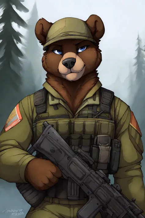 uploaded on e621, by Jay Naylor,  by Xenoforge, by honovy, waist up portrait, solo, anthro bear male, military uniform, camo, (PMC operative), (holding an assault rifle, AK-12,) solo, wilderness, confident smirk, Tarkov, B.E.A.R. PMC operative, uhd, hdr, 4k,  <lora:BetterGuns-V1:0.65>