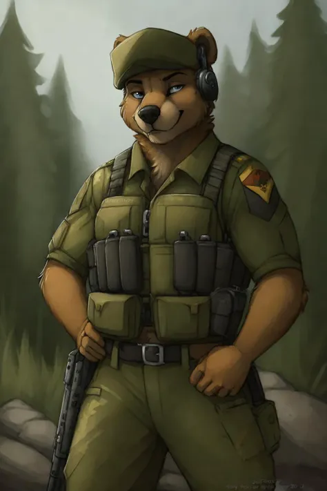 uploaded on e621, by Jay Naylor,  by Xenoforge, by honovy, waist up portrait, solo, anthro bear male, (military uniform, military headset, chest rig, armor vest, tactical clothing, camo), ((PMC operative)), (holding an assault rifle, AK-12,) solo, wilderness, confident smirk, Tarkov, B.E.A.R. PMC operative, uhd, hdr, 4k, <lora:gunsLoHatry3:0.65>  assault rifle,