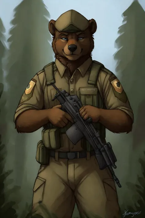 uploaded on e621, by Jay Naylor,  by Xenoforge, by honovy, waist up portrait, solo, anthro bear male, military uniform, camo, (PMC operative), (holding an assault rifle, AK-12,) solo, wilderness, confident smirk, Tarkov, B.E.A.R. PMC operative, uhd, hdr, 4k,  <lora:gunsLoHatry3:0.65>  assault rifle,