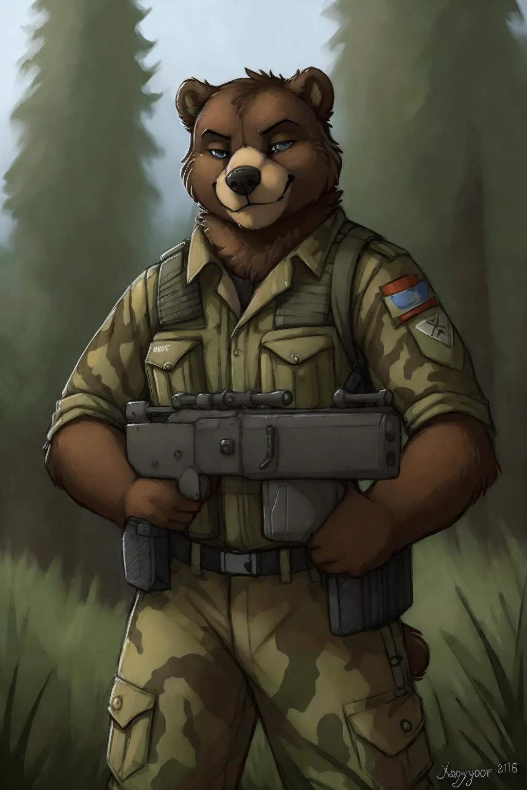 uploaded on e621, by Jay Naylor, by Xenoforge, by honovy, waist up portrait, solo, anthro bear male, military uniform, camo, PMC operative, holding an assault rifle, AK-12, solo, wilderness, confident smirk, Tarkov, B.E.A.R. PMC operative, uhd, hdr, 4k, <lora:gunsLoHatry3:0.65> assault rifle,