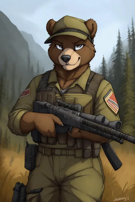 uploaded on e621, by Jay Naylor,  by Xenoforge, by honovy, waist up portrait, solo, anthro bear male, military uniform, camo, PMC operative, holding an assault rifle, AK-12, solo, wilderness, confident smirk, Tarkov, B.E.A.R. PMC operative, uhd, hdr, 4k,  <lora:BetterGuns-V1:0.65>