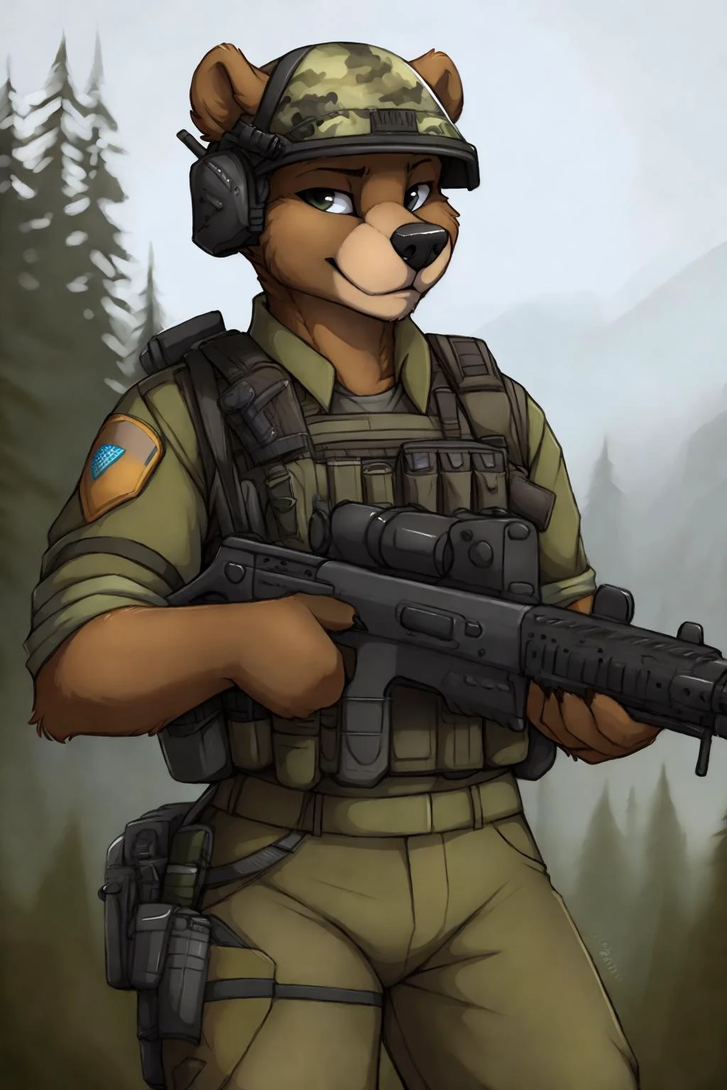 uploaded on e621, by Jay Naylor, by Xenoforge, by honovy, waist up portrait, solo, anthro bear male, (military uniform, combat helmet, military headset, chest rig, armor vest, tactical clothing, camo), ((PMC operative)), (holding an assault rifle, AK-12,) solo, wilderness, confident smirk, Tarkov, B.E.A.R. PMC operative, uhd, hdr, 4k, <lora:BetterGuns-V1:0.65>