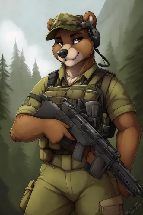 uploaded on e621, by Jay Naylor,  by Xenoforge, by honovy, waist up portrait, solo, anthro bear male, (military uniform, military headset, chest rig, armor vest, tactical clothing, camo), ((PMC operative)), (holding an assault rifle, AK-12,) solo, wilderness, confident smirk, Tarkov, B.E.A.R. PMC operative, uhd, hdr, 4k,  <lora:BetterGuns-V1:0.65>