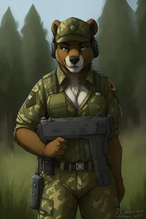 uploaded on e621, by Jay Naylor,  by Xenoforge, by honovy, waist up portrait, solo, anthro bear male, (military uniform, military headset, chest rig, armor vest, tactical clothing, camo), ((PMC operative)), (holding an assault rifle, AK-12,) solo, wilderness, confident smirk, Tarkov, B.E.A.R. PMC operative, uhd, hdr, 4k, <lora:gunsLoHatry3:0.65>  assault rifle,