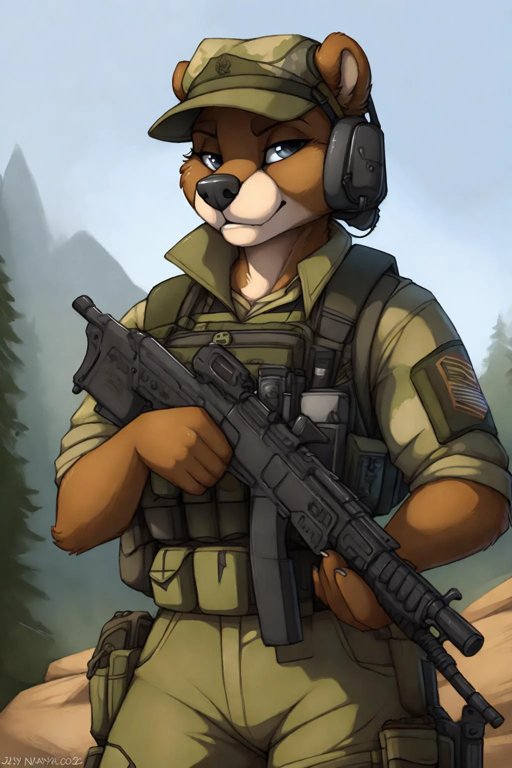 uploaded on e621, by Jay Naylor, by Xenoforge, by honovy, waist up portrait, solo, anthro bear male, (military uniform, military headset, chest rig, armor vest, tactical clothing, camo), ((PMC operative)), (holding an assault rifle, AK-12,) solo, wilderness, confident smirk, Tarkov, B.E.A.R. PMC operative, uhd, hdr, 4k, <lora:BetterGuns-V1:0.65>