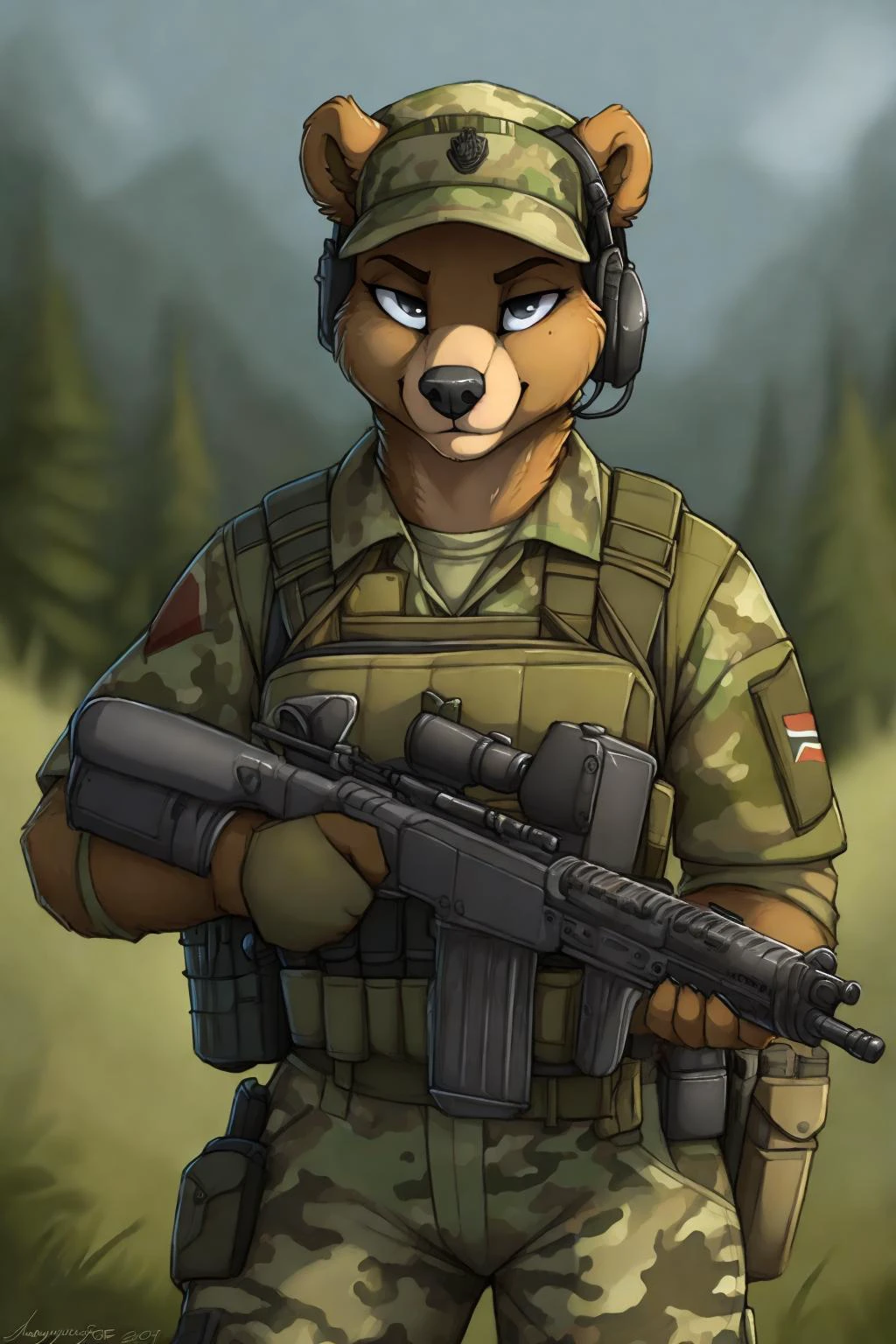 uploaded on e621, by Jay Naylor, by Xenoforge, by honovy, waist up portrait, solo, anthro bear male, (military uniform, military headset, chest rig, armor vest, tactical clothing, camo), ((PMC operative)), (holding an assault rifle, AK-12,) solo, wilderness, confident smirk, Tarkov, B.E.A.R. PMC operative, uhd, hdr, 4k, <lora:BetterGuns-V1:0.65>