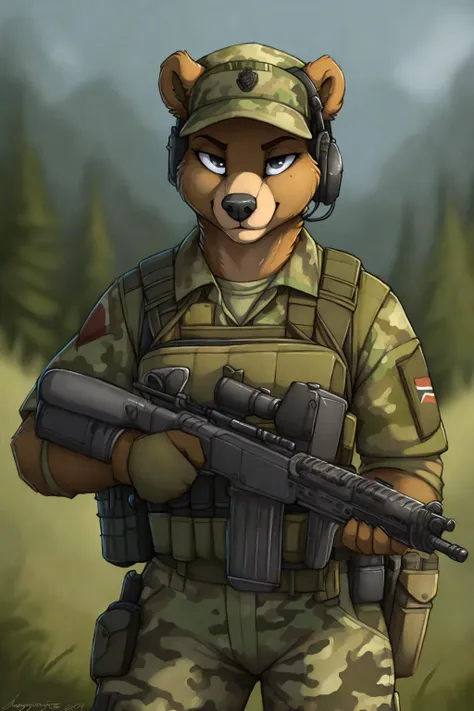 uploaded on e621, by Jay Naylor,  by Xenoforge, by honovy, waist up portrait, solo, anthro bear male, (military uniform, military headset, chest rig, armor vest, tactical clothing, camo), ((PMC operative)), (holding an assault rifle, AK-12,) solo, wilderness, confident smirk, Tarkov, B.E.A.R. PMC operative, uhd, hdr, 4k,  <lora:BetterGuns-V1:0.65>