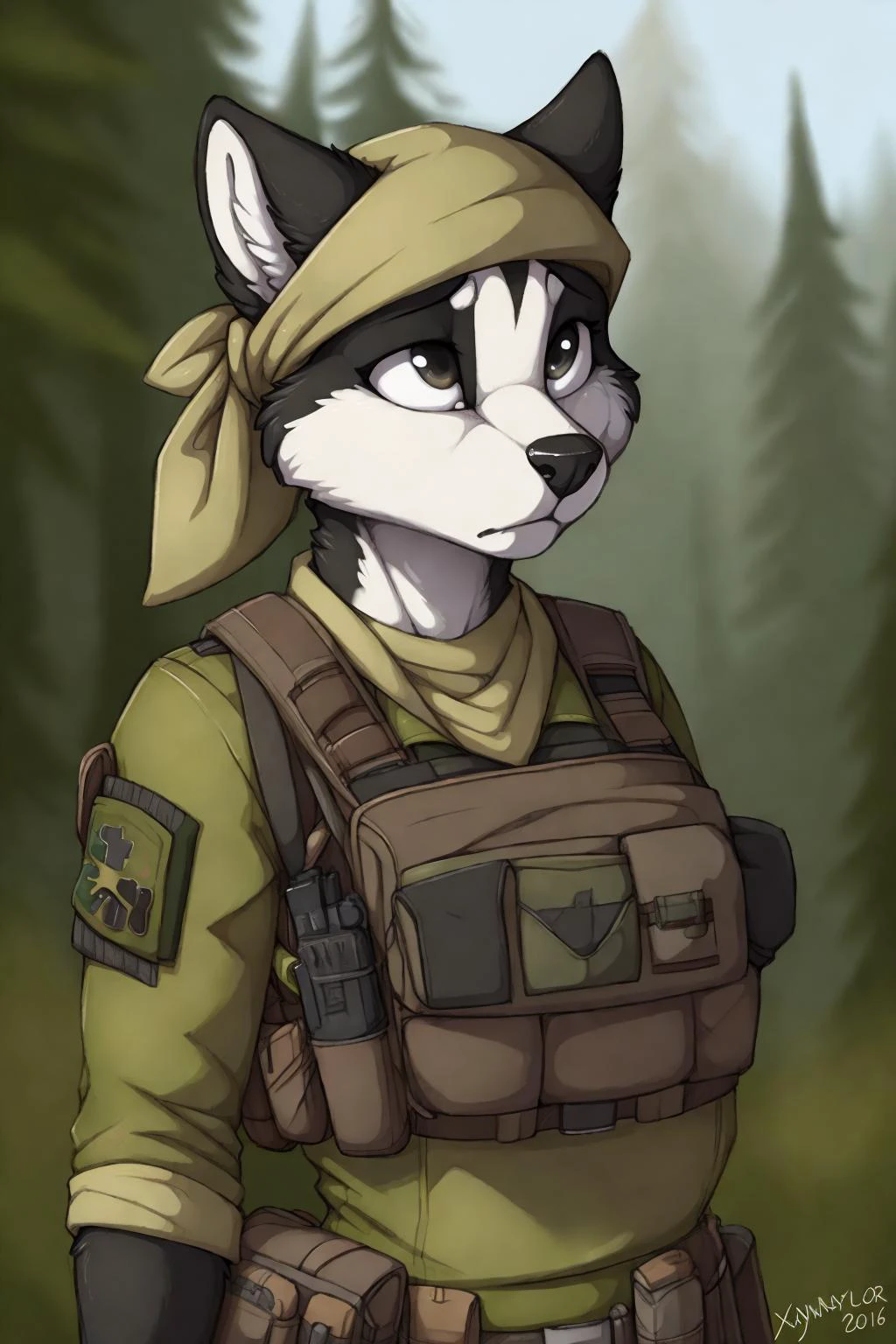 uploaded on e621, by Jay Naylor, by Xenoforge, by honovy, waist up portrait, solo, anthro husky female, ((bandana)), tactical gloves, (military uniform, chest rig, armor vest, tactical clothing, camo), ((PMC combat medic, medic patch)), (holding a pistol with both hands,) solo, wilderness, worried, Tarkov, B.E.A.R. PMC operative, uhd, hdr, 4k, <lora:BetterGuns-V1:0.65>