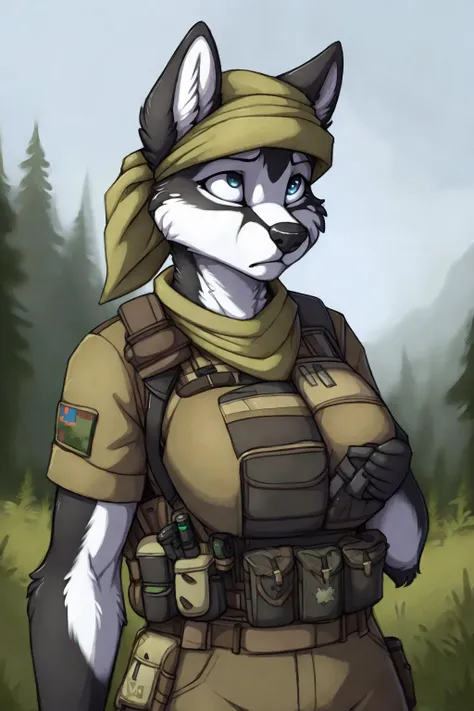 uploaded on e621, by Jay Naylor,  by Xenoforge, by honovy, waist up portrait, solo, anthro husky female, ((bandana)), tactical gloves, (military uniform, chest rig, armor vest, tactical clothing, camo), ((PMC combat medic, medic patch)),  (holding a pistol with both hands,) solo, wilderness, worried, Tarkov, B.E.A.R. PMC operative, uhd, hdr, 4k,  <lora:BetterGuns-V1:0.65>