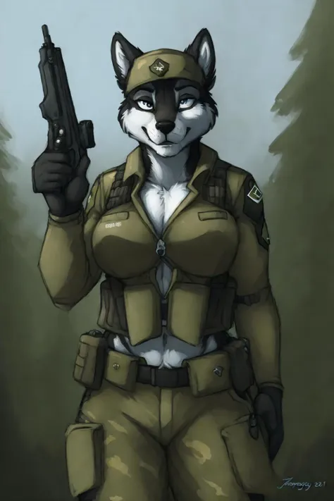 uploaded on e621, by Jay Naylor, by Xenoforge, by honovy, waist up portrait, solo, anthro husky female, tactical gloves, (military uniform, chest rig, armor vest, tactical clothing, camo), ((PMC combat medic, medic armband)),  (holding a pistol with both hands,) solo, wilderness, Tarkov, B.E.A.R. PMC operative, uhd, hdr, 4k, <lora:ArsenalLoHa-v1.0:0.8> handgun, gun pointing down,