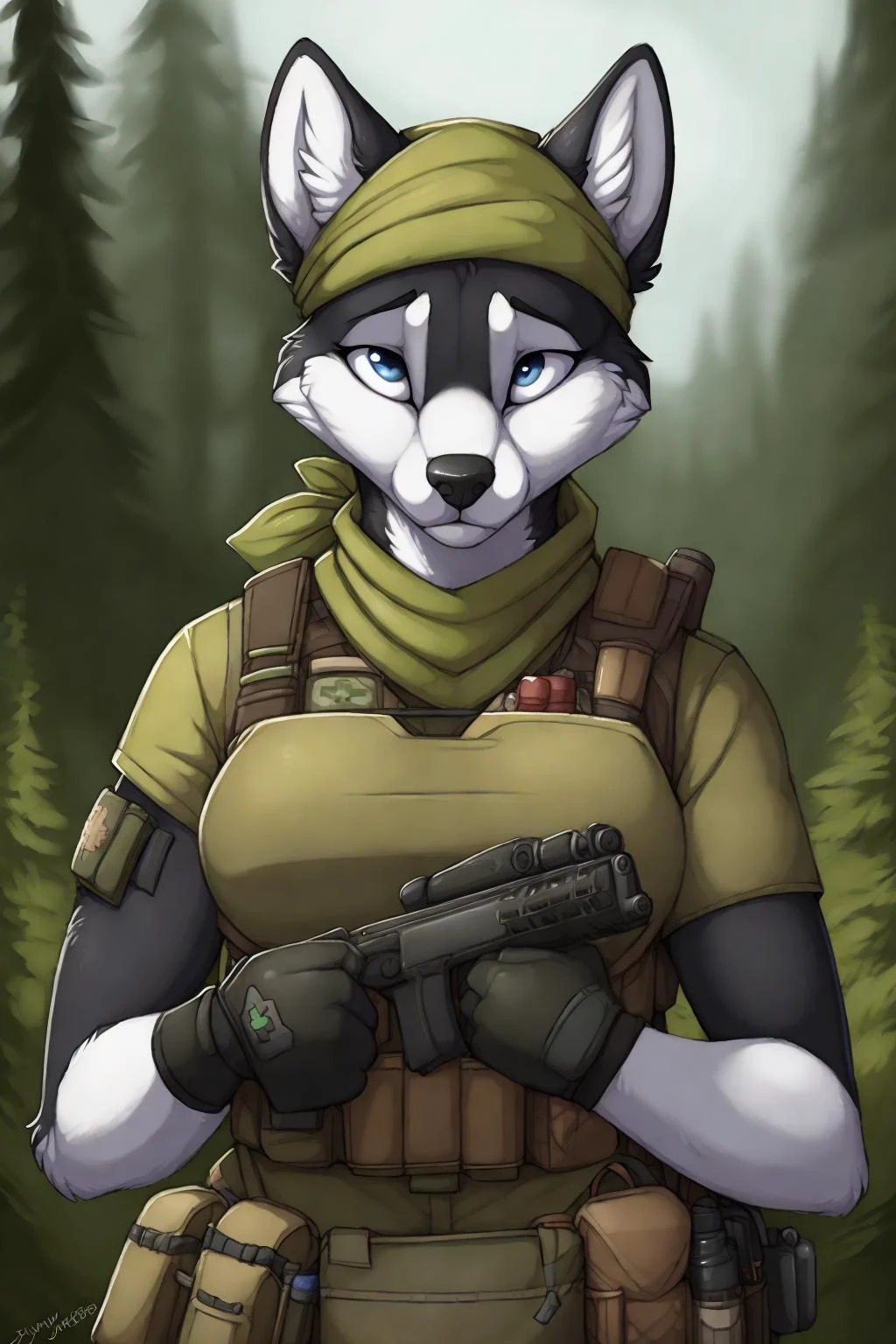 uploaded on e621, by Jay Naylor, by Xenoforge, by honovy, waist up portrait, solo, anthro husky female, ((bandana)), tactical gloves, (military uniform, chest rig, armor vest, tactical clothing, camo), ((PMC combat medic, medic patch)), (holding a pistol with both hands,) solo, wilderness, worried, Tarkov, B.E.A.R. PMC operative, uhd, hdr, 4k, <lora:BetterGuns-V1:0.65>