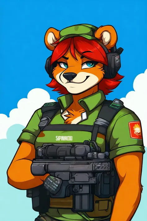 uploaded on e621, by Jay Naylor,  by Xenoforge, by honovy, waist up portrait, solo, anthro bear male, (military uniform, military headset, chest rig, armor vest, tactical clothing, camo), ((PMC operative)), (holding an assault rifle, AK-12,) solo, wilderness, confident smirk, Tarkov, B.E.A.R. PMC operative, uhd, hdr, 4k,  <lora:BetterGuns-V1:0.65>  bwu dfc ubbp updn