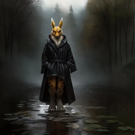 extremely detailed real world real life photograph of (renamon) wearing a black raincoat in the rain, promotional image, outdoors, standing in a room of mirrors, reflections, very dark, (solo, anthro, full-length portrait, detailed background, photorealism, detailed fluffy fur), by kenket, by blotch