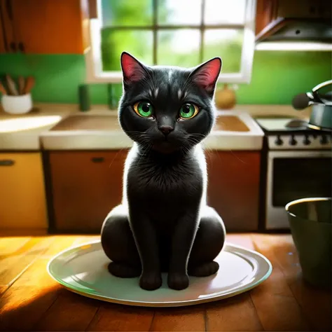 amazing (photo:1.5) of a small black cat sitting on a plate, kitchen, detailed background, depth of field