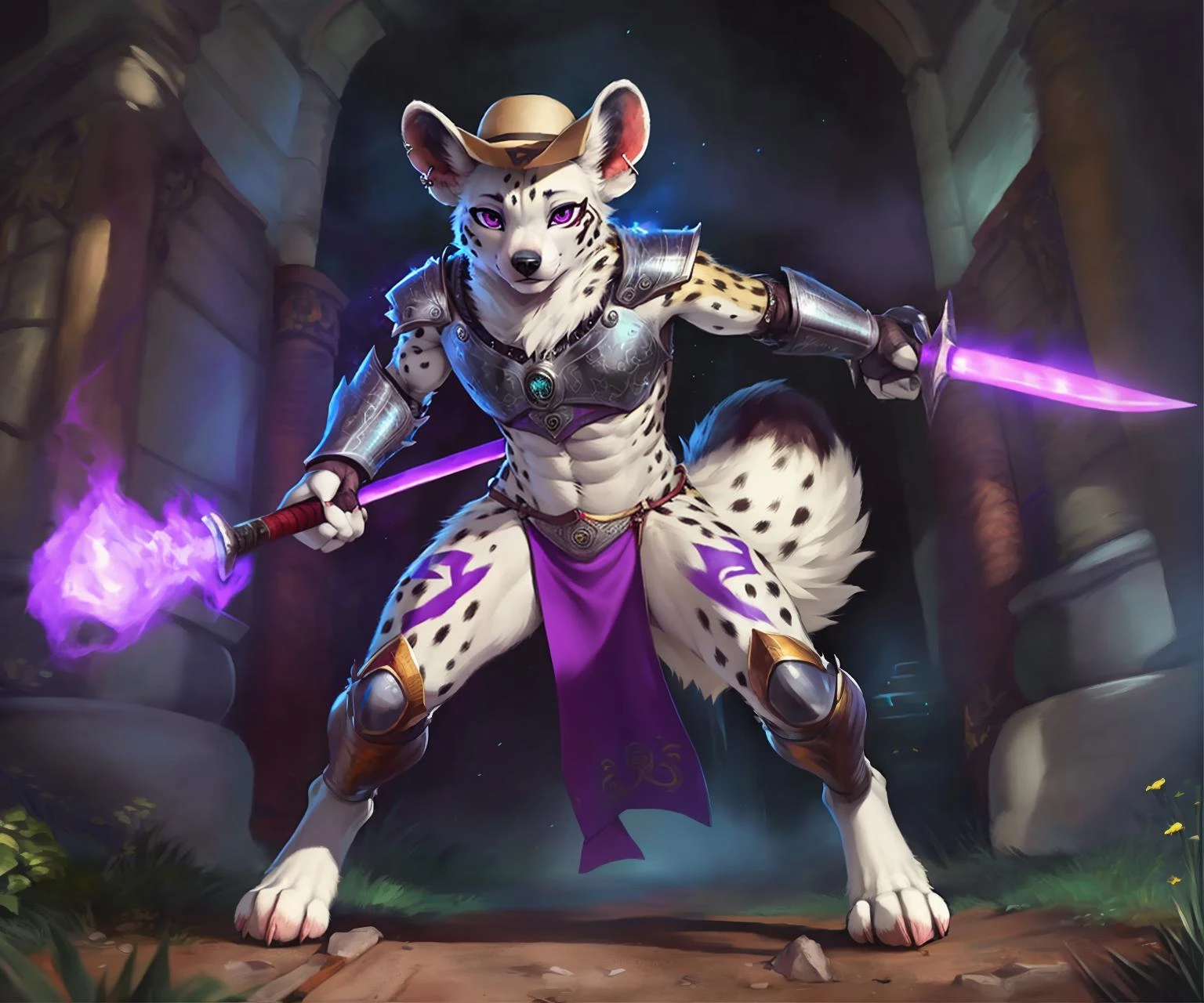 (ethereal purple ambience),
(full body:1.5), (full body shot:1.5), (whole body in frame:1.5), wide angle shot, heroic pose, fighting pose, action pose, dark scene, moonlight, night, standing, furry, anthro male (spotted hyena:1.25), (white fur:1.6), (white body:1.6), (spotted fur:1.8), (markings:1.8),
(finely decorated (metal Armor:1.35)), (decorated loincloth made of (purple cloth:1.1)), samurai, (holding (katana:1.1), (flaming sword:1.2), solo, melee weapon, magic, in frame), advntr, gangly, lanky, tall, fit, (ears through headwear, wearing a (yellow sun hat:1.1)), mohawk, dense detailed fluffy fur, detailed fur texture, happy, muscular, veiny muscles, big muscles, wind, ear piercing, notched ear, amulet,
by sligarthetiger, by sleepiness18, by agitype01, by zackary911, by chunie, by kenket, by kiguri, by rajii, by totesfleisch, by personalami,
realistic, ultra realistic, photorealistic, absurdres, 8k uhr, ultra detailed, hd, sharp focus, HDR, masterpiece, extremely clear, dynamic lighting, perfect eyes, detailed eyes, bright eyes, glowing eyes, perfect face, detailed face, detailed hands, detailed feet, highly detailed, volumetric lighting, detailed background,
(fluffy tail:1.35), (digitigrade feet:1.3), neck tuft, vivid dark purple eyes