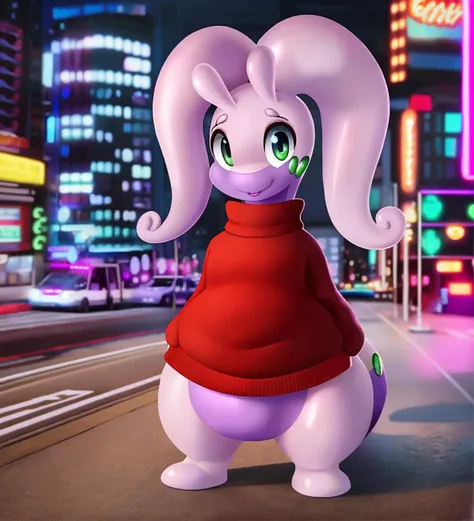 high quality photo, (full-length portrait of goodra wearing a red turtleneck sweater), looking at viewer, solo, city, detailed background, depth of field