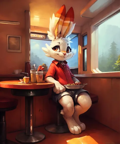 this image depicts a scorbunny wearing a casual outfit sitting in a diner, anthro, clothing, full-length portrait, looking at viewer, solo, 

inside, detailed background, by kenket, by darkgem, by plattyneko, 

extremely detailed, detailed shading, volumetric lighting, natural light, FujiFilm XT3