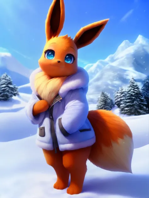 uploaded on e621, (kemono, anime anthro, anime furry), (female anthro eevee), young adult, gorgeous, photo model, ultra cute face, innocent face, playful, snout, soft and fluffy fur, (detailed fluffy fur texture:1.1), realistic fur, fur simulation, cute fang, snow, winter, (winter jacket), (full-length portrait, standing), beautiful eyes, scenery, solo, 

(best quality, high quality:1.4), detailed background, (HDR, volumetric lighting, beautiful shading, rtx:1.2), (CG, realistic anime illustration:1), (fantasy artstyle, trending on artstation:1.1), (pixar style, disney style, ultra detailed, realistic fur simulation, realistic art:1.2)