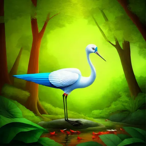 intricate paper origami of a crane in a forest, detailed background