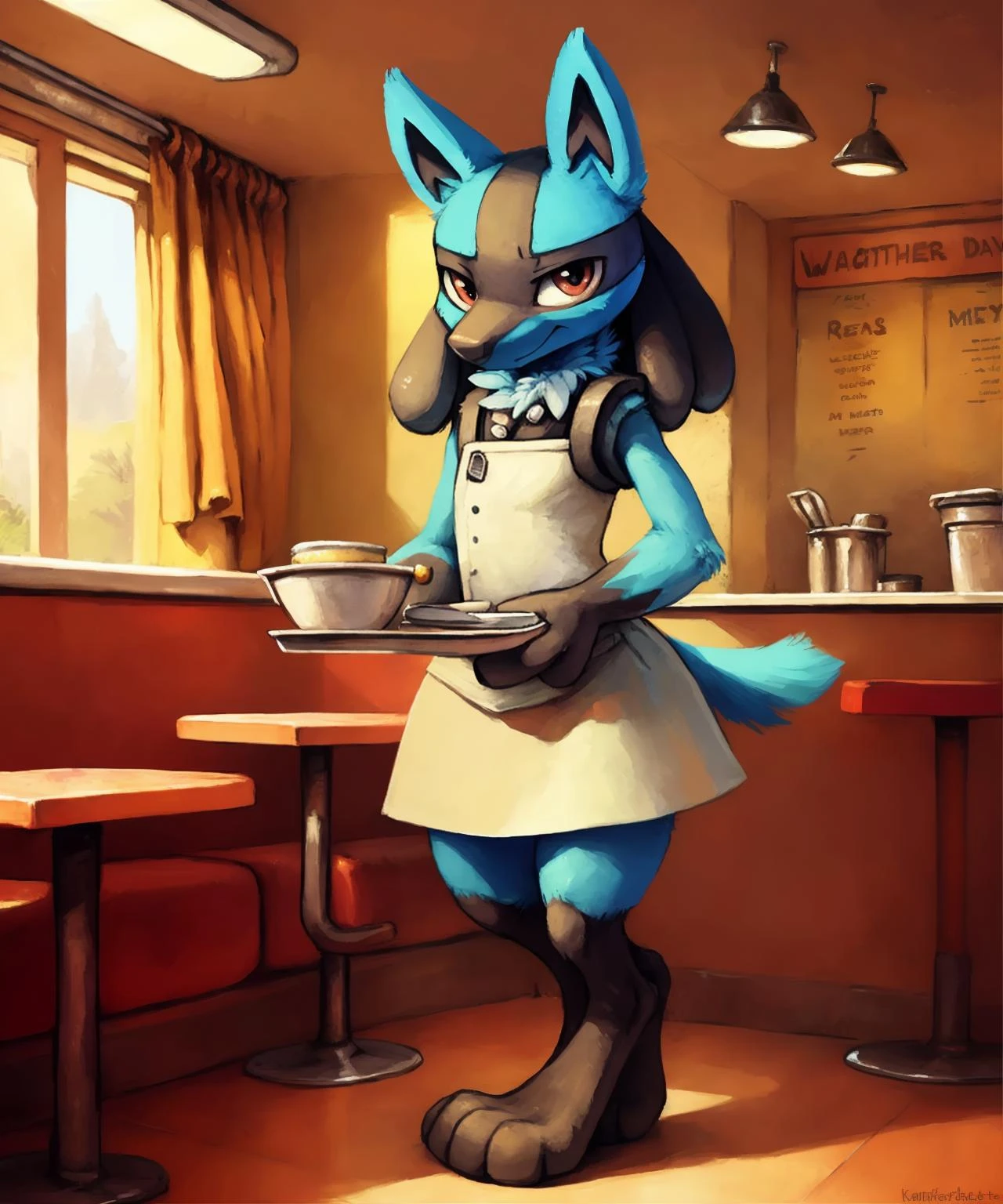 this image depicts a lucario wearing a (waiters uniform) standing in a diner, anthro, clothing, full-length portrait, looking at viewer, solo,
inside, detailed background, by kenket, by plattyneko,
extremely detailed, detailed shading, volumetric lighting, natural light, FujiFilm XT3