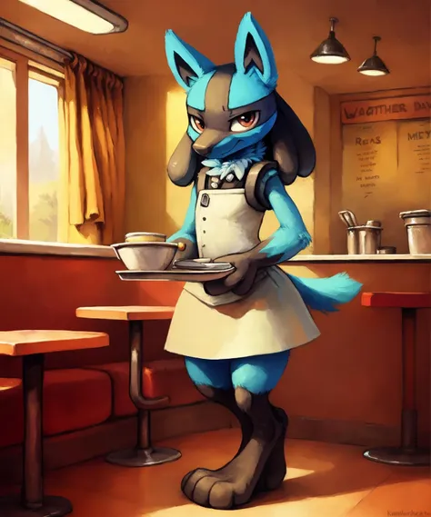 this image depicts a lucario wearing a (waiters uniform) standing in a diner, anthro, clothing, full-length portrait, looking at viewer, solo, 

inside, detailed background, by kenket, by plattyneko, 

extremely detailed, detailed shading, volumetric lighting, natural light, FujiFilm XT3