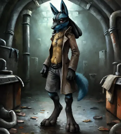 realistic detailed hd photograph of (lucario) wearing a (grey trench coat) in the sewers, standing, looking at viewer, solo, full-length portrait, detailed background, by kenket, by blotch