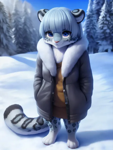uploaded on e621, (kemono, anime anthro, anime furry), (female anthro snow leopard), young adult, gorgeous, photo model, ultra cute face, innocent face, playful, snout, soft and fluffy fur, (detailed fluffy fur texture:1.1), realistic fur, fur simulation, (hair, unique hairstyle, unique fringe, unique bangs:1), cute fang, snow, winter, winter jacket, (full-length portrait, standing), beautiful eyes, scenery, solo, 

(best quality, high quality:1.4), detailed background, (HDR, volumetric lighting, beautiful shading, rtx:1.2), (CG, realistic anime illustration:1), (fantasy artstyle, trending on artstation:1.1), (pixar style, disney style, ultra detailed, realistic fur simulation, realistic art:1.2)