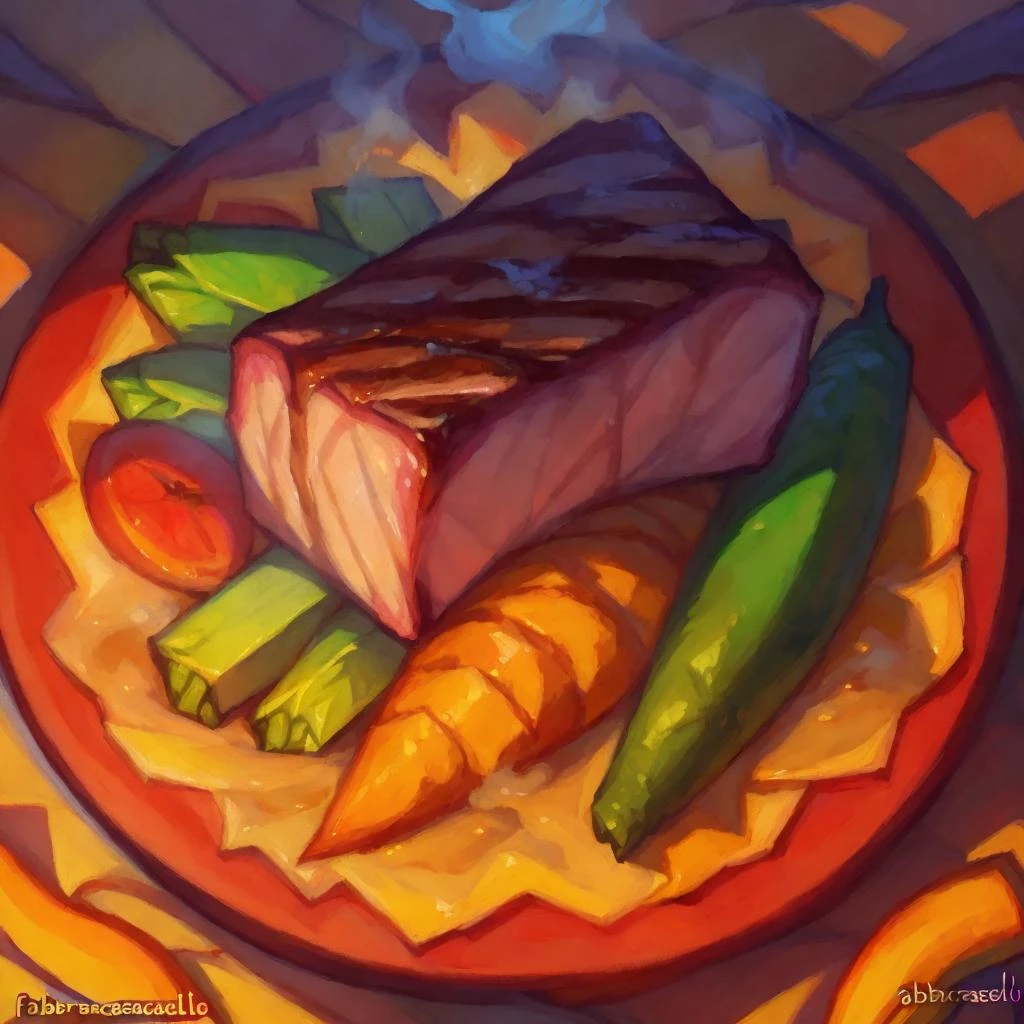 masterpiece, (((by fabercastel))), HDR, anime, grilled steak and vegetables, steaming, sunset lighting , tasty, yummy, colorful, uhd, 4k, close up, food shot, food focus, high angle view,