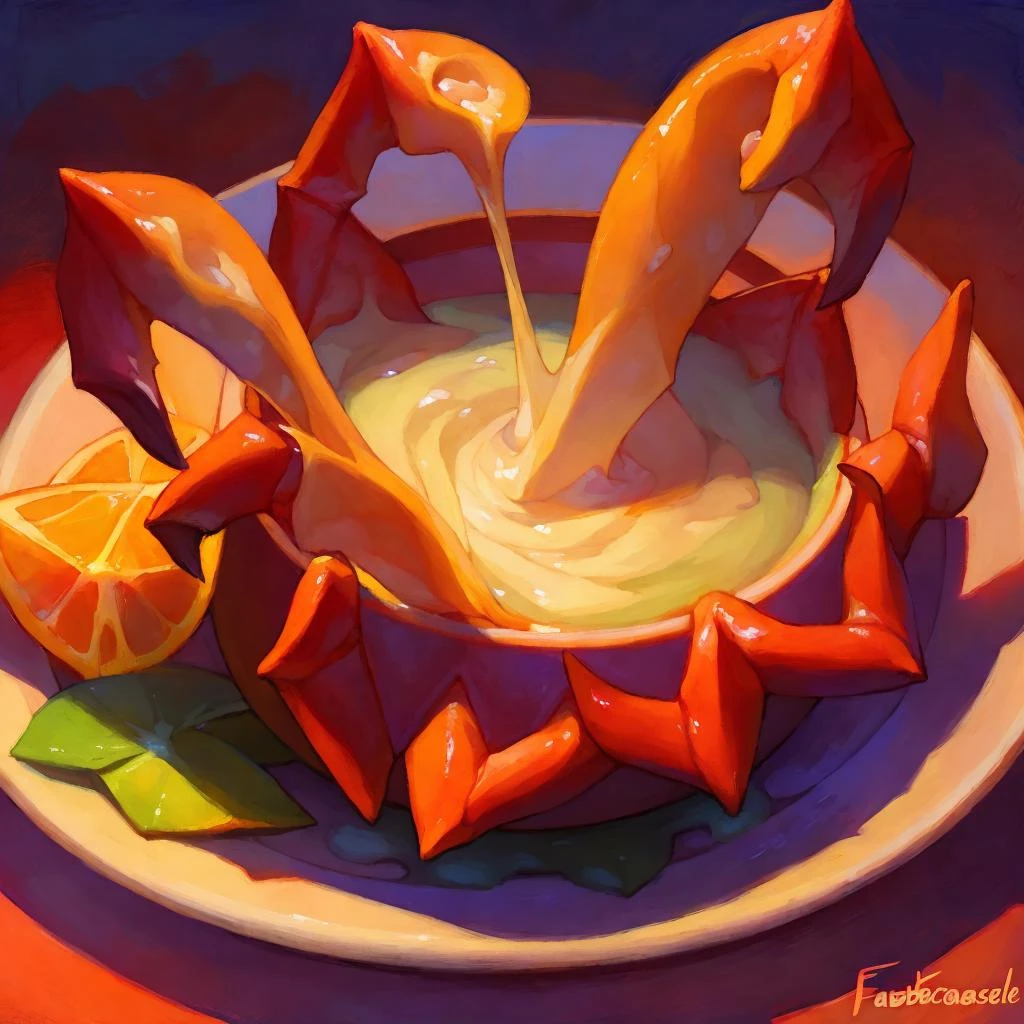 masterpiece, (by fabercastel), HDR, anime, boiled alien crab legs with tartar sauce on a plate, steaming hot food, sunset lighting, tasty, yummy, colorful, uhd, 4k, close up, food shot, food focus, high angle view