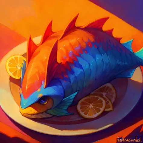 masterpiece, (((by fabercastel))),   HDR, anime, alien fish steake  with lemon slices on a plate, sunset lighting, tasty, yummy, colorful, uhd, 4k, close up, food shot, food focus, high angle view