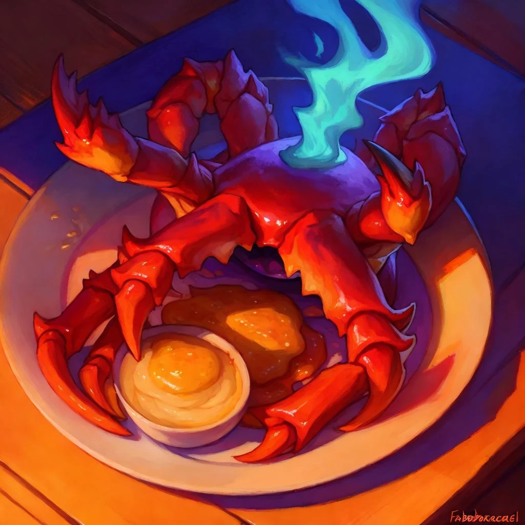 masterpiece, (by fabercastel), HDR, anime, cooked alien crab legs with tartar sauce on a plate, steaming hot food, sunset lighting, tasty, yummy, colorful, uhd, 4k, close up, food shot, food focus, high angle view